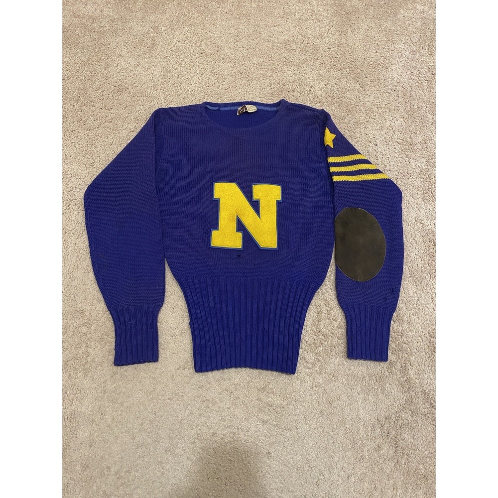 Vintage 1940's Ruby Knitting Mills All Wool New York N Letterman Sweater Blue S
